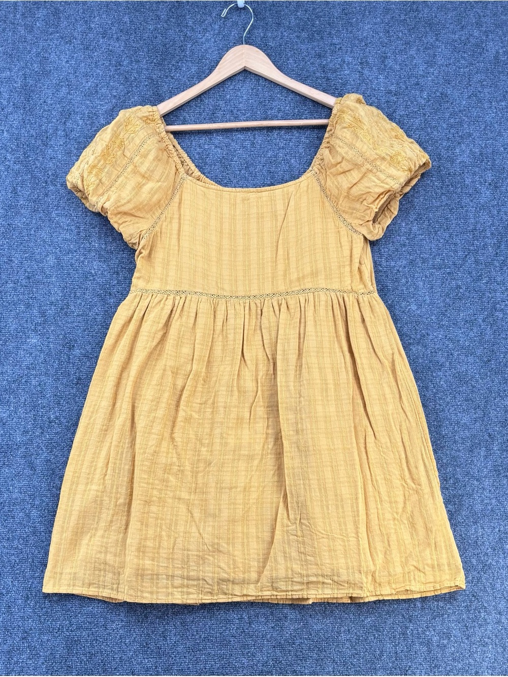 American Eagle Mustard Yellow Babydoll Prairie Dress Puff Sleeves Women’s L